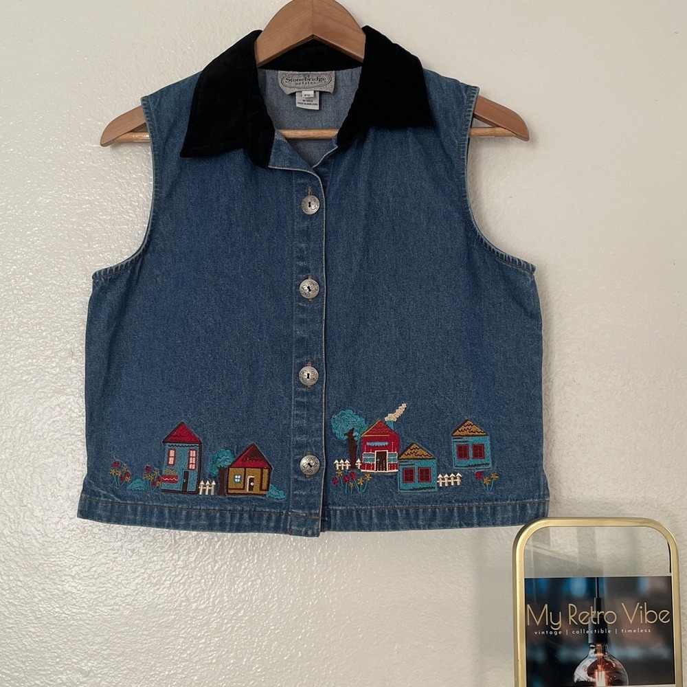 Vintage Stonebridge Cropped Denim Vest Cottage Western Country W Petite Small